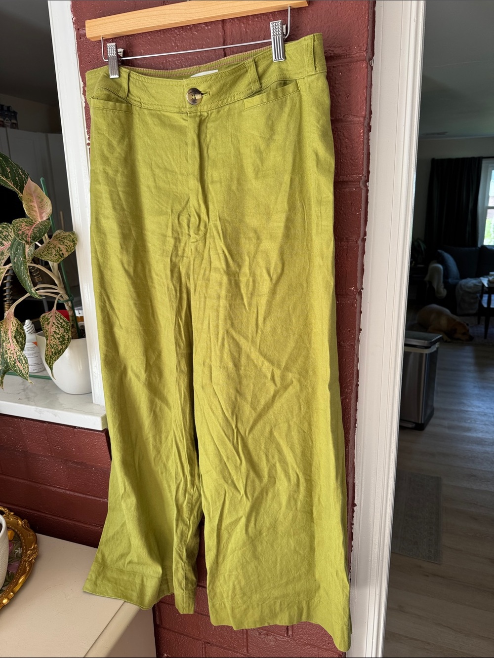 Maeve Anthropologie Lime Green Wide-Leg Linen Blend Pants Size 32 - Picture 4 of 8